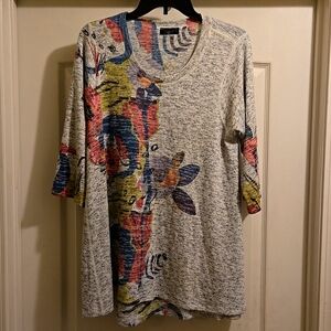 Inoah Art To Wear Abstract Floral 3/4 Sleeve Tunic Shirt Top M